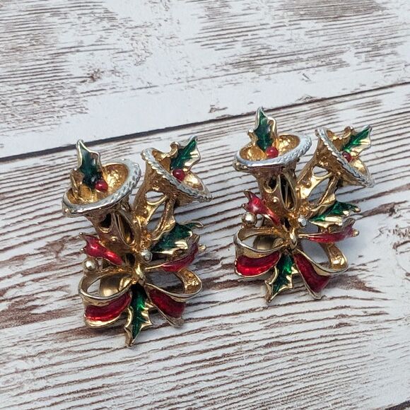 Vintage Clip On Earrings - Bells with Ribbon Christmas Large Earrings - Picture 3 of 7